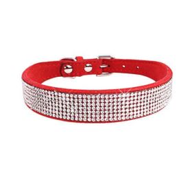 Crystal Dog Collar Solid Color Leather (Color: Red, size: L)