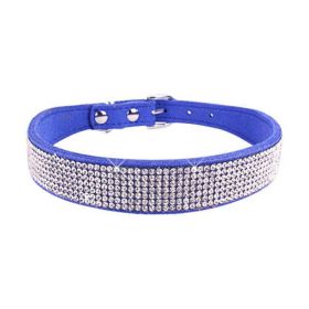 Crystal Dog Collar Solid Color Leather (Color: deep blue, size: M)