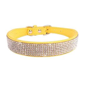 Crystal Dog Collar Solid Color Leather (Color: Yellow, size: L)