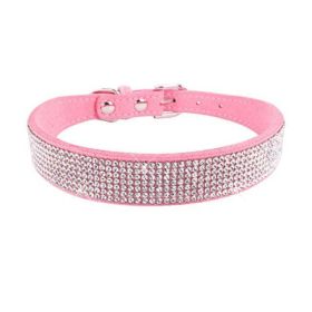 Crystal Dog Collar Solid Color Leather (Color: Pink, size: L)