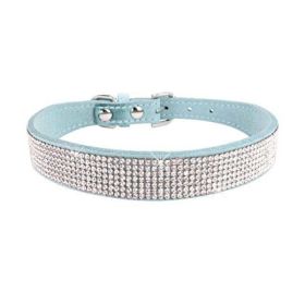 Crystal Dog Collar Solid Color Leather (Color: light blue, size: M)