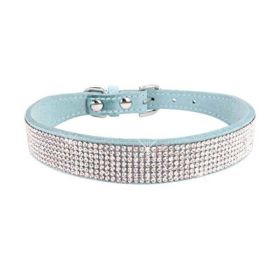 Crystal Dog Collar Solid Color Leather (Color: light blue, size: XS)