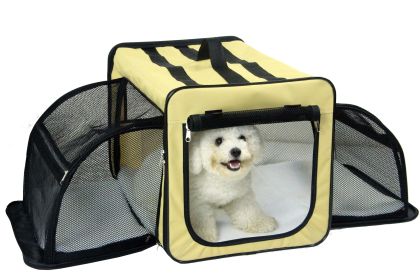 Pet Life Capacious Dual-Expandable Wire Folding Lightweight Collapsible Travel Pet Dog Crate (Color: Khaki, size: medium)