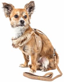Pet Life Luxe 'Furracious' 2-In-1 Mesh Reversed Adjustable Dog Harness-Leash W/ Removable Fur Collar (Color: Khaki, size: medium)