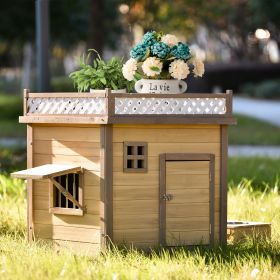 31.5' Wooden Dog House Puppy Shelter Kennel Outdoor & Indoor Dog crate, with Flower Stand, Plant Stand, With Wood Feeder (Color: Natural)