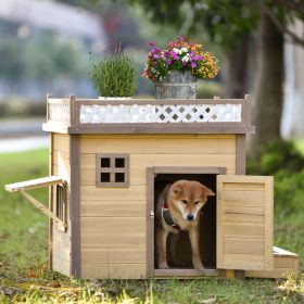39.4' Wooden Dog House Puppy Shelter Kennel Outdoor & Indoor Dog crate, with Flower Stand, Plant Stand, With Wood Feeder (Color: Natural)