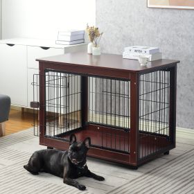 39' Length Furniture Style Pet Dog Crate Cage End Table with Wooden Structure and Iron Wire and Lockable Caters, Medium and Large Dog House Indoor Use (Color: Brown)
