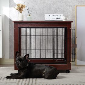 31' Length Furniture Style Pet Dog Crate Cage End Table with Wooden Structure and Iron Wire and Lockable Caters, Medium Dog House Indoor Use. (Color: Brown)