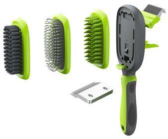 Pet Life 'Conversion' 5-in-1 Interchangeable Dematting and Deshedding Bristle Pin and Massage Grooming Pet Comb (Color: green)