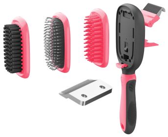 Pet Life 'Conversion' 5-in-1 Interchangeable Dematting and Deshedding Bristle Pin and Massage Grooming Pet Comb (Color: Pink)