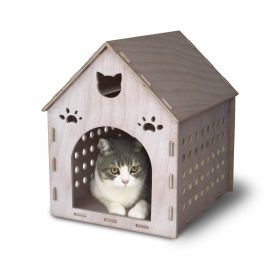 Wooden Kitty House Cat Shelter House for Cats, Rabbits, Dogs and Small Pets (Color: Whitewashed)