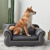 27" Pet Sofa, Dog sofa, Dog bed, Cat Sofa, Cat Bed, Wooden Frame And Velvet with Buttons And Beige Rope Lines, 4 Black Sturdy Plastic Sofa Feet